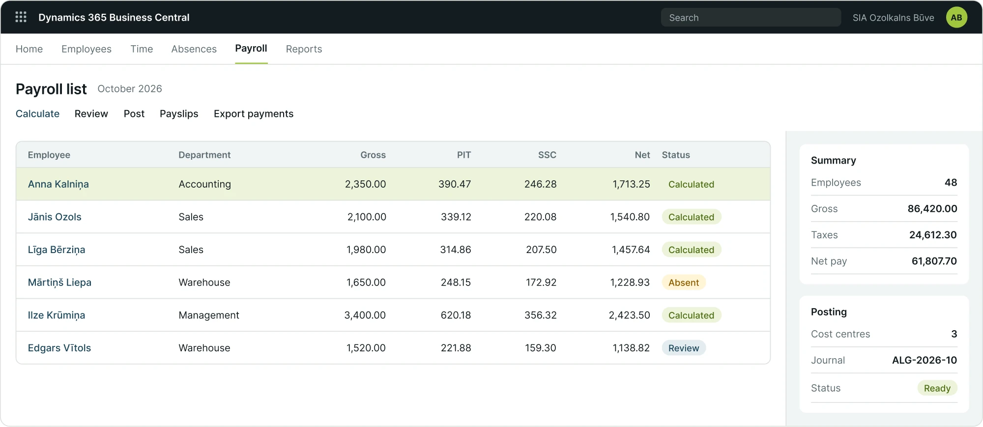 Payroll list with checks before posting (demo data)