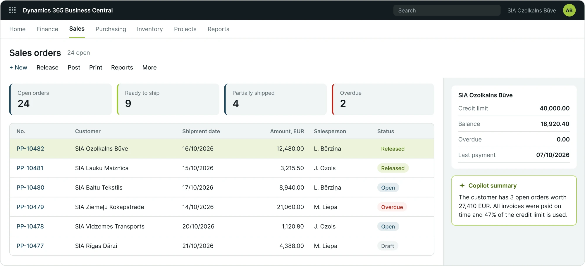Business Central sales order list with statuses and a Copilot summary (demo data)