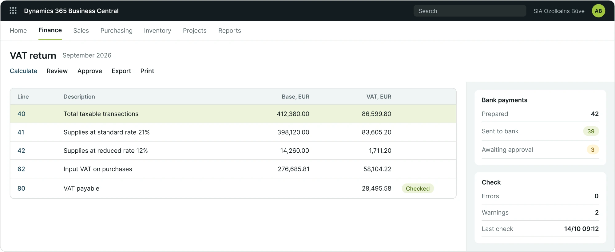 VAT return in Business Central with checks and bank payments (demo data)