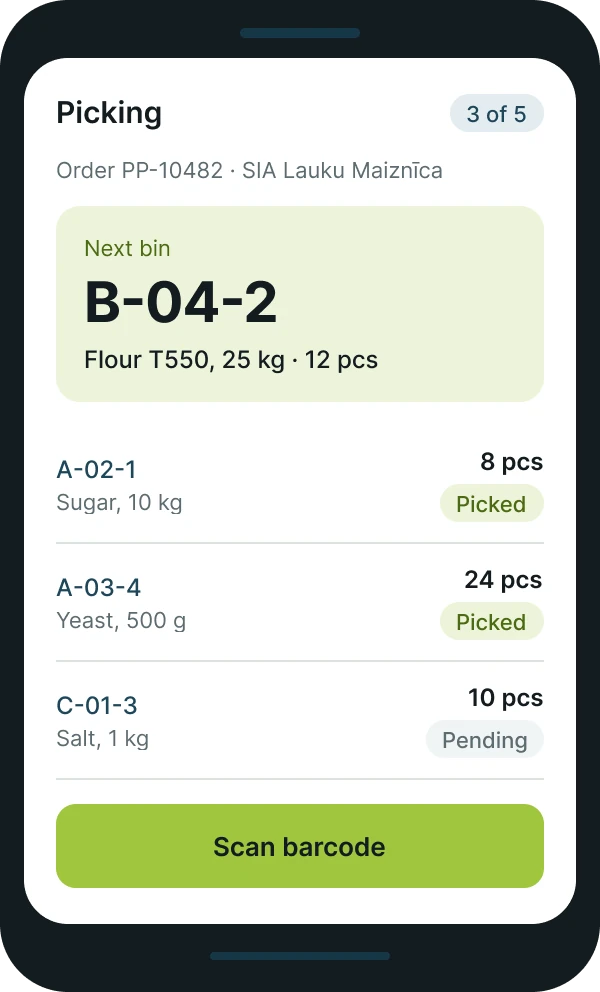 Warehouse scanner screen for picking (demo data)