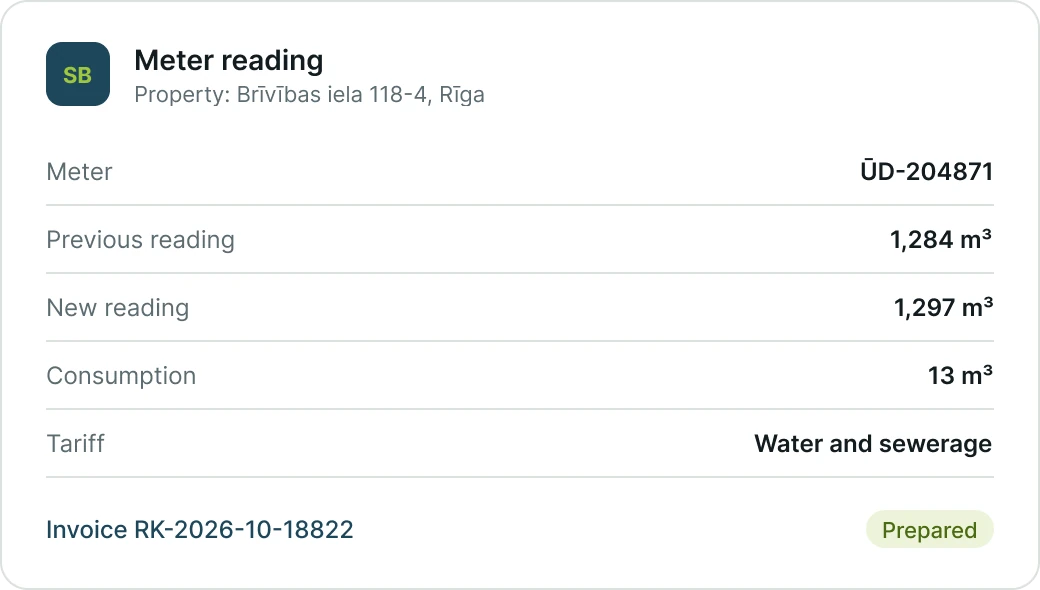 SkyBill meter reading card with consumption and invoice (demo data)