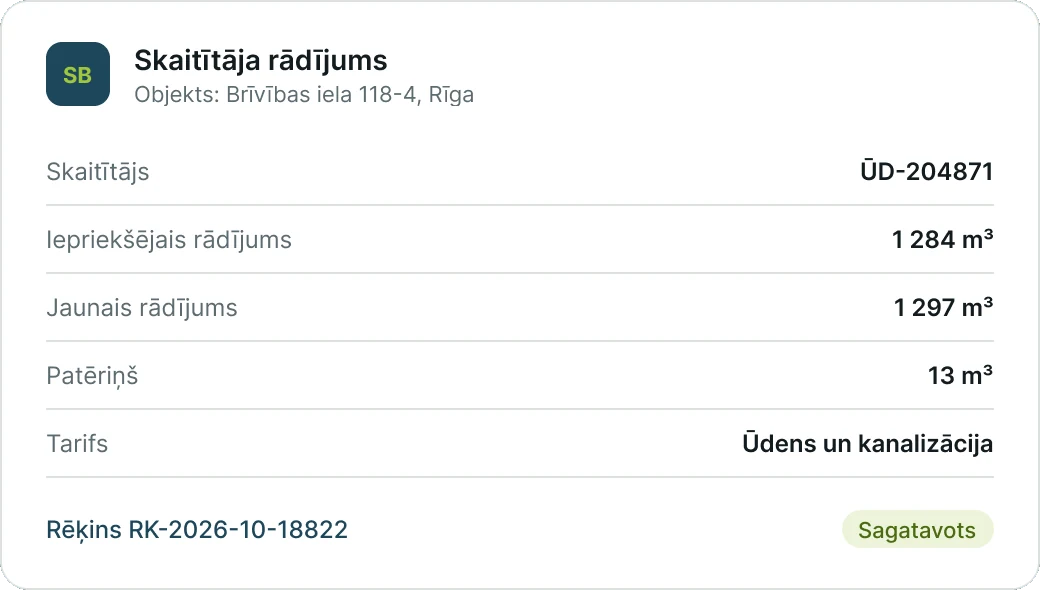 SkyBill skaitītāja rādījuma kartīte ar patēriņu un rēķinu (demonstrācijas dati)