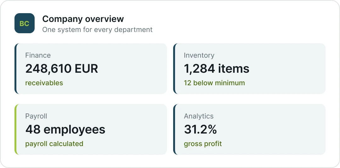 Company overview: finance, inventory, payroll and analytics in one system (demo data)